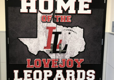 Custom Lovejoy High School door wraps featuring Leopards branding